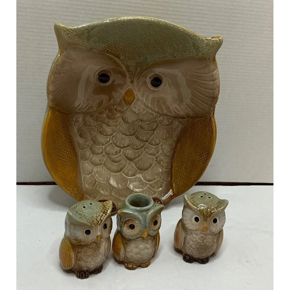 Vintage Owl Serving Bowl‎ Salt Pepper Shaker Toothpick Holder Set Brown Green